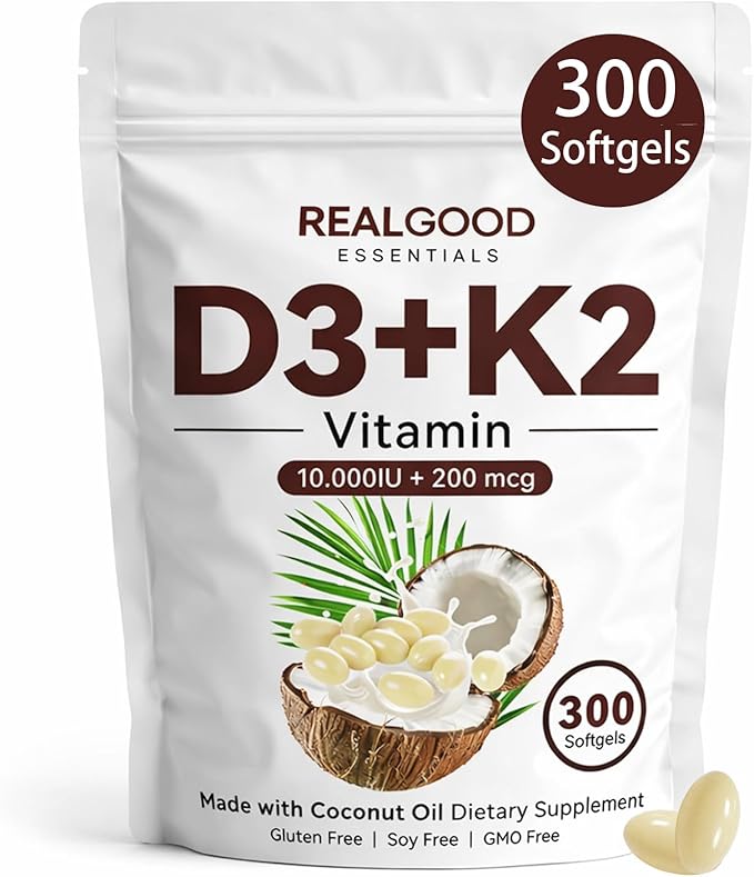 Real Good Essentials Vitamin D3 K2, D3 K2 Vitamin 10000 Iu, Extra Strength 2-In-1 D&K Complex with Virgin Coconut Oil, Free Of Gmo, Gluten, Soy, Bone Health, Supports Calcium Absorption, 300 Softgels