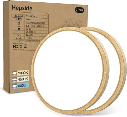 hepside 2PACK Flush Mount LED Ceiling Light Fixture Wooden, 12Inch 28Watt, Dimmable & 3000K-4500K-6000K Ceiling Lamp 3200LM Low Profile Ceiling Light for Kitchen Bedroom Hallway Porch
