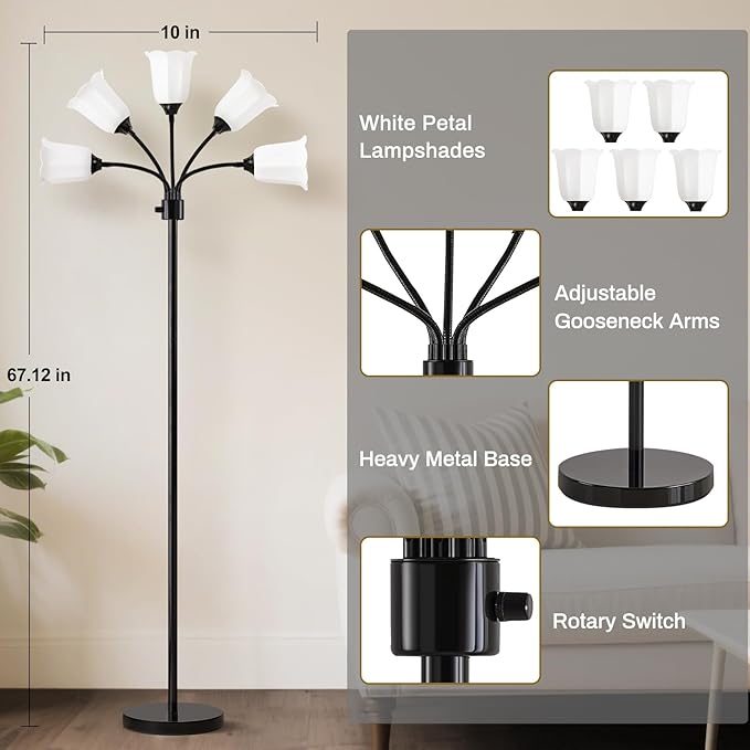 GyroVu Medusa LED Floor Lamp, Multi Head Modern Tall Lamp with Adjustable Gooseneck Standing Lamps for Living Room Bedroom Kids Room Office 5 White Lampshades Bulb Not Included(Black)