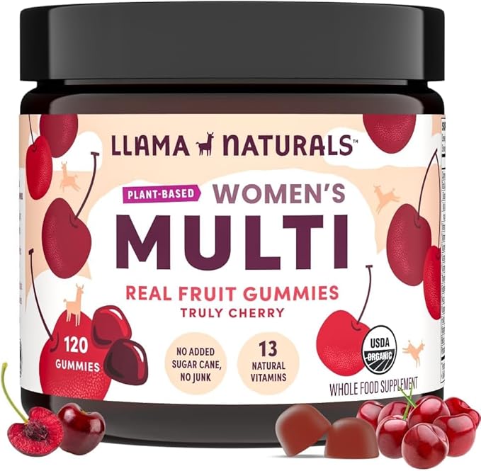 Llama Naturals Multivitamines pour Femmes, Gommes Biologiques Véganes avec Vitamines D, C et K, Véritables Gommes Multivitaminées aux Fruits pour Femmes, Supplément Multivitaminé à Croquer, Sans Sucre de Canne Ajouté, Cerise, 120 unités