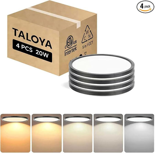 TALOYA 4-Pack 10 Inch Flush Mount LED Ceiling Light Fixture, 5CCT, Black | 100–240 VAC Input,Edge-Lit Low Profile Round Design Ideal for Bedroom,Bathroom,Kitchen,Laundry,Closet