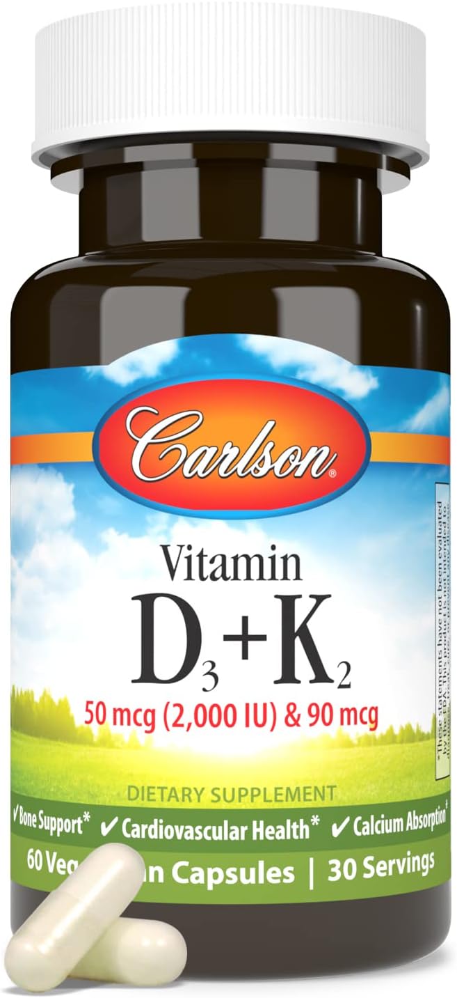 Carlson - Vitamine D3 + K2, 50 mcg (2000 UI) Vitamine D3 & 90 mcg Vitamine K2 sous forme de MK7, Soutien Osseux, Absorption du Calcium, 60 Gélules