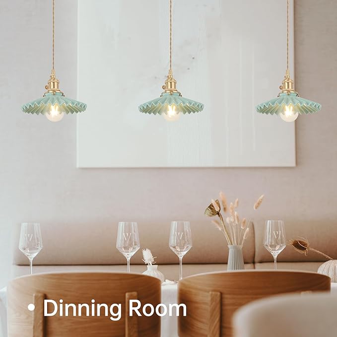 Shenmoyl Pendant Light with Green Pleated Ceramic Lmapshade, Brass Vintage Pendant Light Adjustable Hanging Light for Kitchen Island Dining Room Hallway