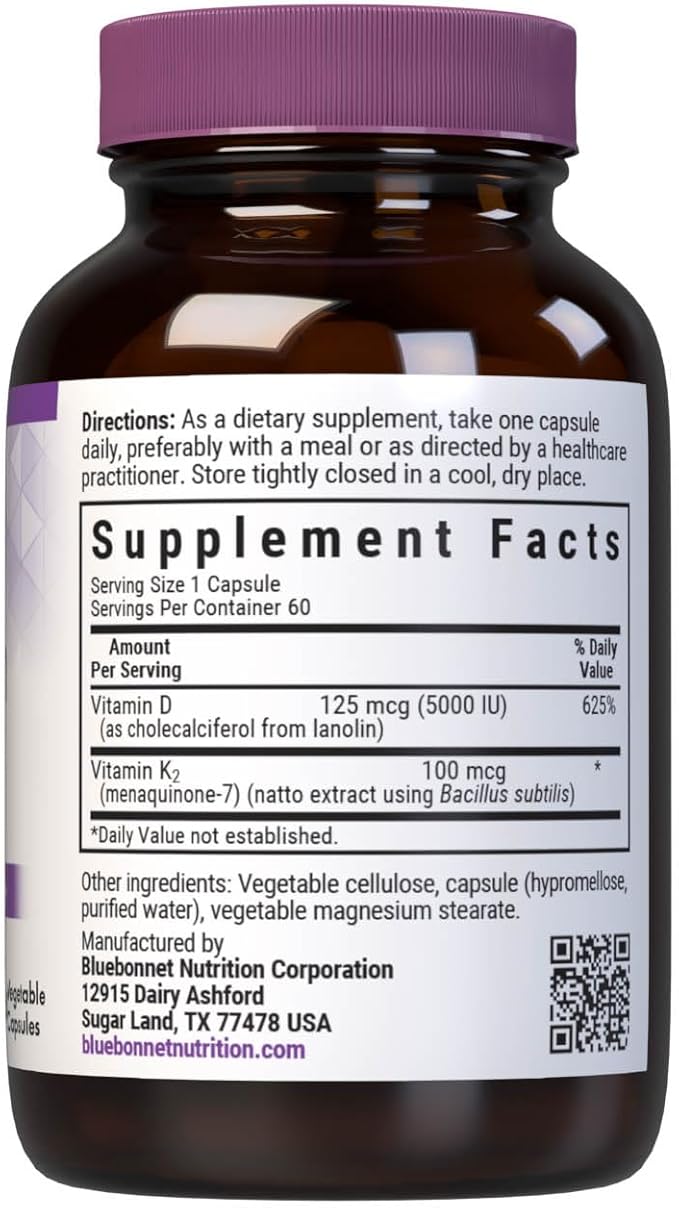 Bluebonnet Nutrition Vitamine D3 & K2, sans soja, pour des os forts et sains*, sans gluten, sans OGM, sans produits laitiers, certifié casher, végétarien, 60 gélules végétales, 60 portions