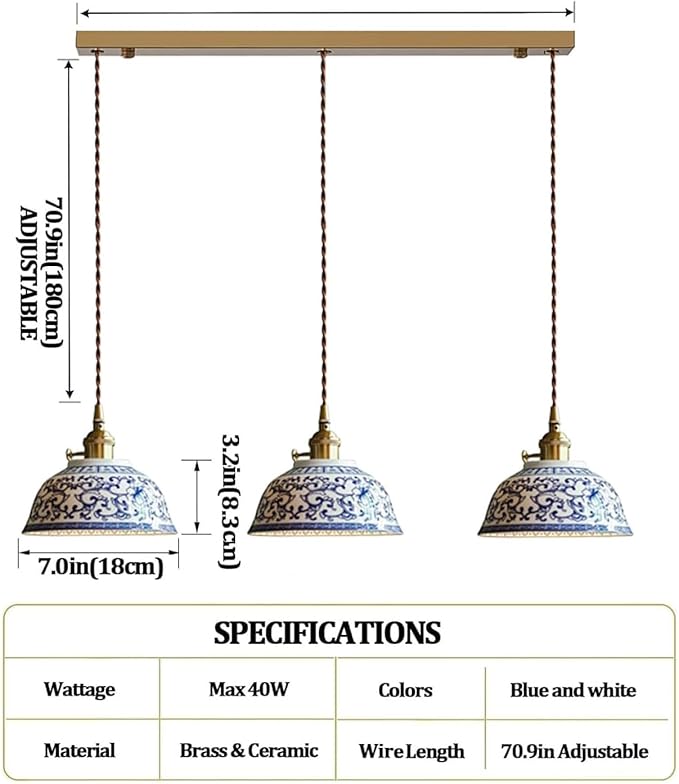 3-Light Ceramic Pendant Light, Chinese Blue and White Porcelain Pendant Light fixtures, Bedside Light, Hanging lamp for Kitchen Island Light Fixture, Home Bedroom Dining Room Ceiling Hanging Light