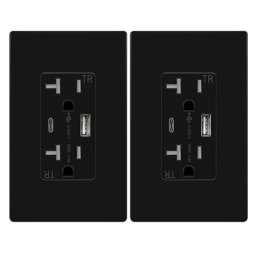 TOPGREENER 2-Port USB Outlet, 4.2A Type C USB Wall Outlet, 20 Amp TR Receptacle Plug, Charging Power Outlet with USB Ports, Wall Plate Included, TU22036AC-BK-2PCS, Black, 2 Pack