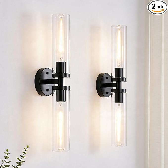 Wall Sconces Set of 2, Hardwired Bathroom Light Fixtures, Modern Bathroom Vanity Wall Lighting with Clear Glass Shade, Farmhouse Wall Sconce for Mirror Bedroom Hallway, Matte Black, E26 Base