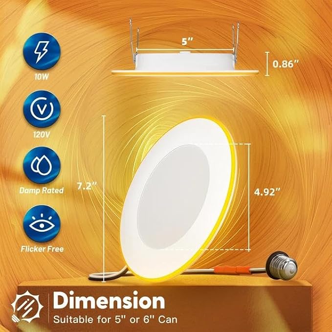 FREELICHT 6 Pack 5/6 Inch 5CCT LED Recessed Can Light with Night Light, 2700K/3000K/4000K/5000K/6000K Selectable Flat Recessed Lighting, 10W=110W, 1000LM, Dimmable Retrofit - ETL & FCC