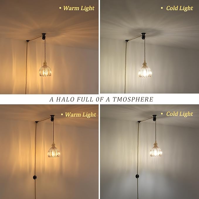 Shenmoyl Plug in Pendant Light Hanging Light Fixture Corded On/Off Switch Brass Pendant Light with Amber Tulip Glass Lampshade for Bedroom Living Room Kitchen Island