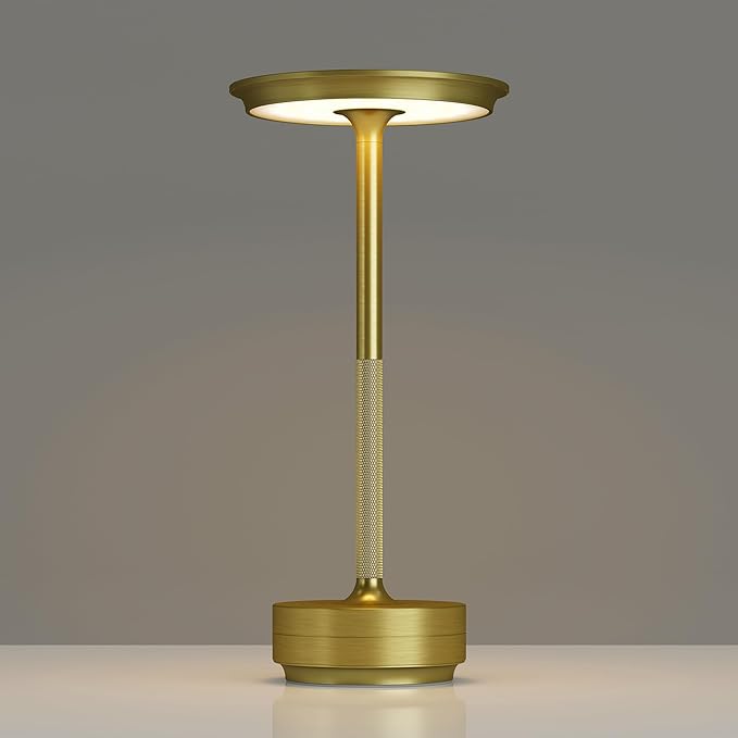 TBBGA 1 Pack Cordless Table Lamps Rechargeable, Portable 5000mAh Battery Operated Lamp, 3 Color Stepless Dimming LED Table Light with Memory Function, for Outdoor/Dinner/Patio/Restaurant.(Gold)