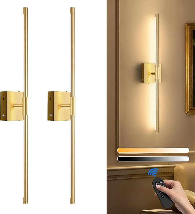 SAIMAND Wireless Sconces Set of 2 Battery Operated,8000mAh USB Rechargeable Wall Light with Remote Control,3000K-6000K LED Dimmable Wall Lamp for Living Room, Hallway, Bedroom (Gold)