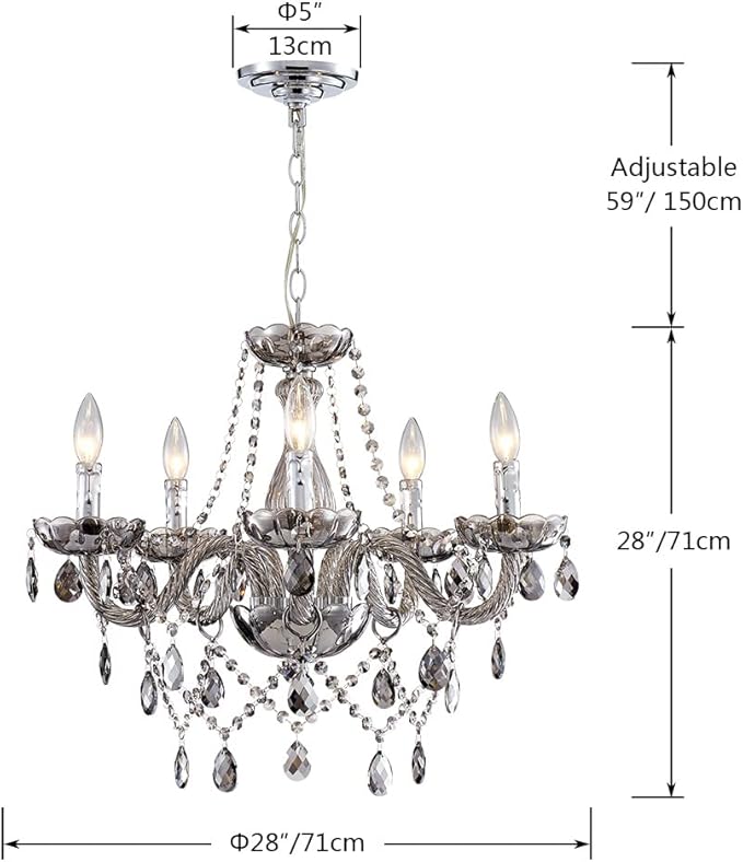 Saint Mossi 5 Light Modern K9 Crystal Chandelier, Contemporary Pendant Ceiling Lighting Fixture for Dining Room,Bedroom,Living Room with Adjustable Chain (Smoky Gray)