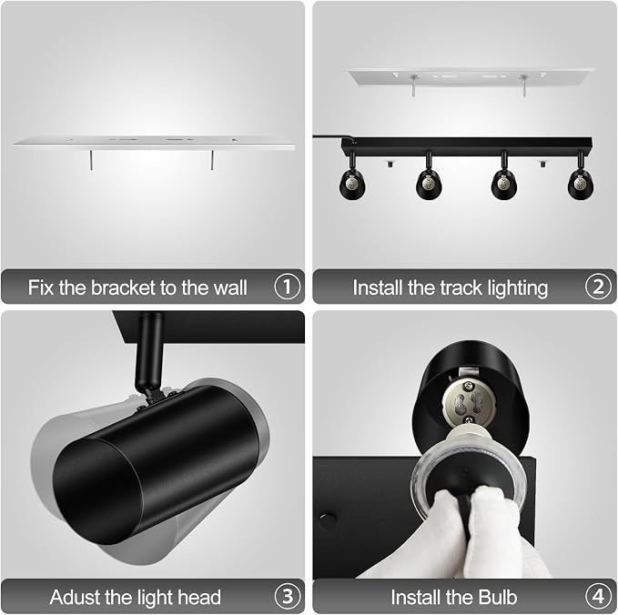 BoostArea Plug in Track Lighting, LED Track Light Kit, Black 4-Light Track Lights for Kitchen, 15 FT Cord,23" Ceiling Spotlight, Rotatable Wall Mount Light Head for Bedroom Hallway Living Room