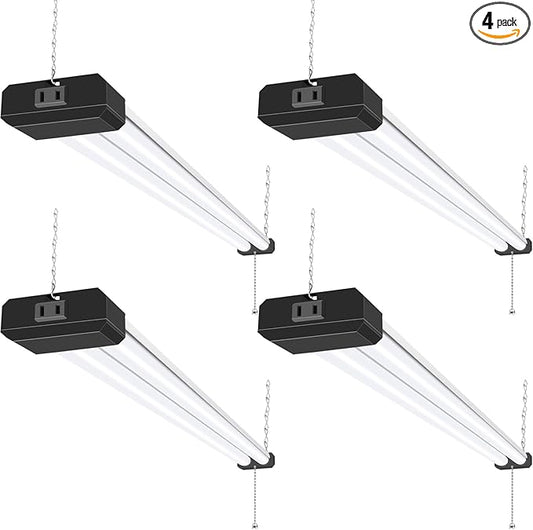 hykolity 4 Pack 4FT Linkable LED Shop Light for Garage, 6500lm, 4FT 60W Utility Light Fixture, 5000K Daylight LED Workbench Light with Plug, Hanging or Surface Mount, Black - ETL