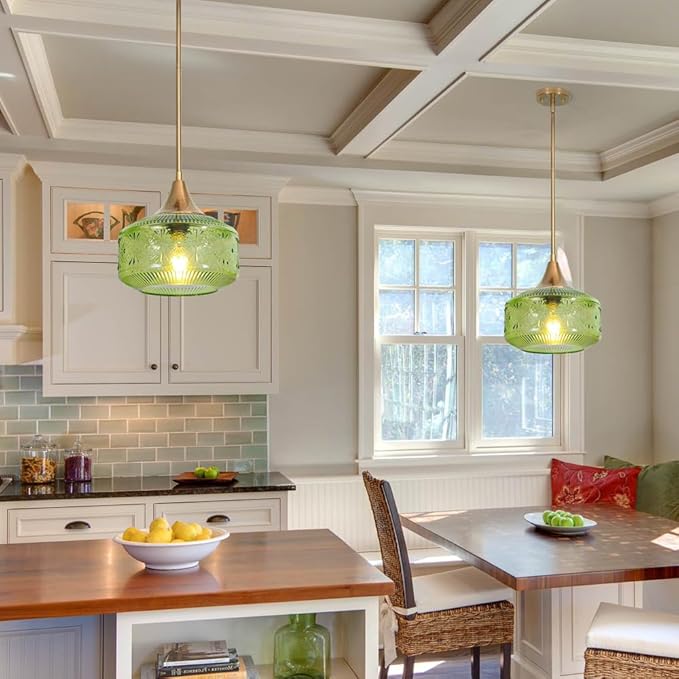 Retro Gold Pendant Light Fixtures Kitchen Island Lighting, Brass Pendant Light with Large Thickened Green Glass Globe Shade, Adjustable Hanging Light for Dining Room Bathroom Entryway, Rotation Angle