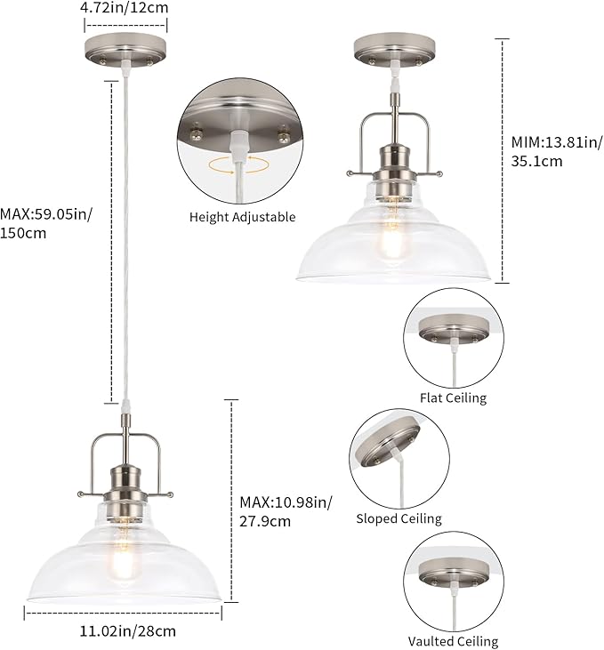 WILON Brushed Nickel Glass Pendant Lights Kitchen Island Lighting, Modern Hanging Lamp for Sink Dining Room Over Table Hallway Entryway Bar Foyer Bathroom