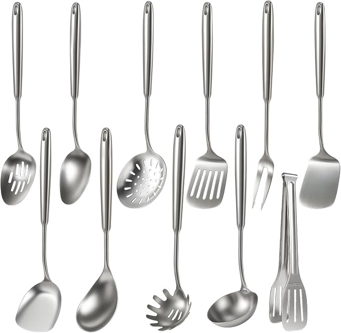 Newness 11 Pcs Cooking Utensils Set, 304 Stainless Steel Kitchen Utensils Set, Metal Kitchen Accessories, Include Soup Ladle, Slotted Skimmer Spoon, Spaghetti Spoon and Spatula, Dishwasher Safe