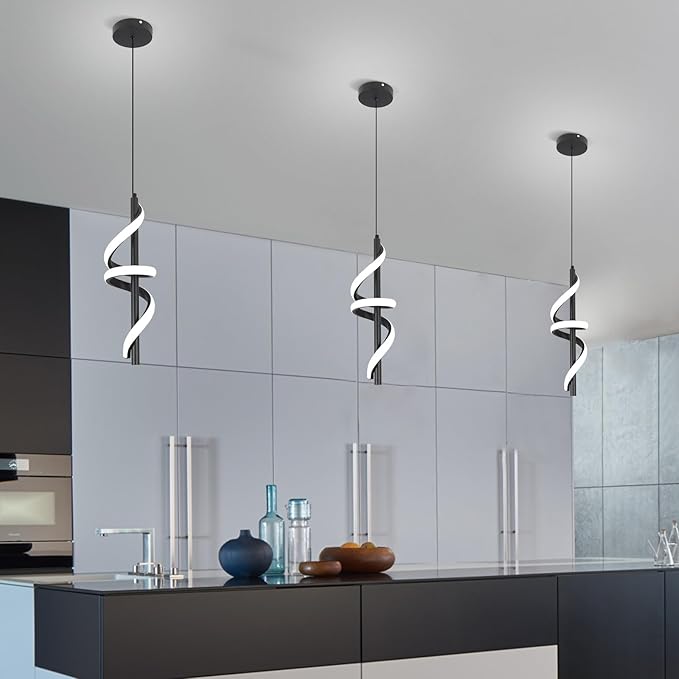 Black Led Pendant Light Fixtures,6000K Cool White Modern Pendant Lights for Kitchen Island,Adjustable Kitchen Island Light Fixture for Dining Room Bedroom Sink, 1 Pack (Black, 2 Packs)