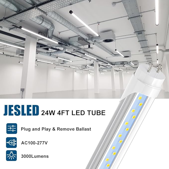 JESLED T8 4FT LED Type A+B Tube Light Bulbs, 24W 6000K, 3200LM Super Bright, Plug and Play or Ballast Bypass, 48 Inch LED Replacement for T10 T12 Flourescent Tubes, Dual-end Powered, Clear(12-Pack)
