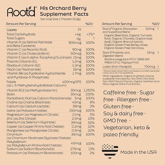 Root'd メンズ用マルチビタミンパウダー - 24種類のビタミン&ミネラル、電解質3倍、9種類のオーガニック・スーパーフード、プロバイオティクス&酵素、無糖マルチビタミン&水分補給 | 30袋入りビタミン入りドリンクミックス
