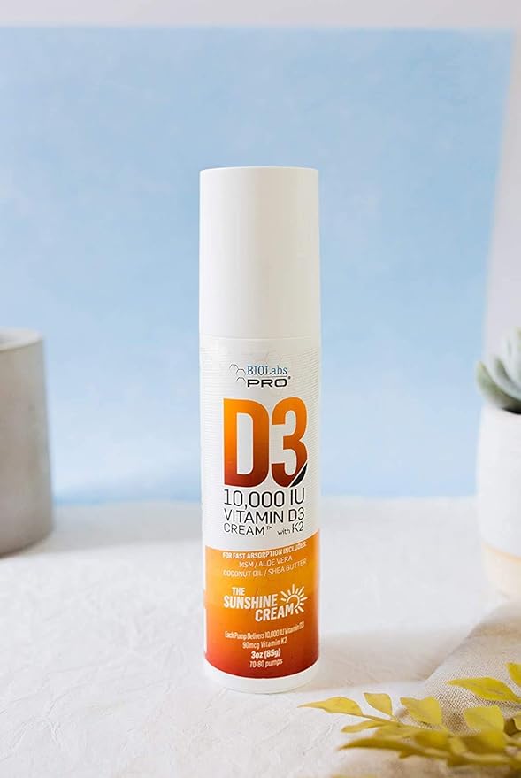 BIOLABS PRO All Natural Vitamin D3 10000IU Vitamin D Cream - Maximum Strength - Fight Vitamin D Deficiency Naturally - with Vitamin K2 & Olive Leaf Extract - Safe & Effective (10,000IU - 3.0oz)