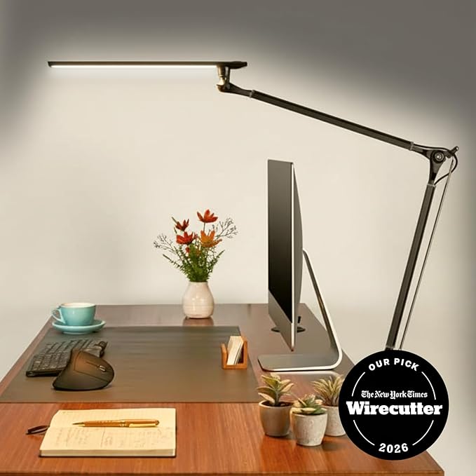 UPLIFT DESK E7 LED Desk Lamp - Adjustable 3 Color Modes, Dimmable Home Office Desk Light for Standing Desk, Dual Monitors, Aluminum Task Lamp (Silver Base)