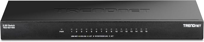 TRENDnet 16-Port Unmanaged 2.5G Desktop Network Ethernet Switch, TEG-S3160, 16 x 2.5Gb RJ-45 Ports, 80Gbps Switching Capacity, Ethernet Splitter, NDAA & TAA Compliant, Lifetime Protection, Black