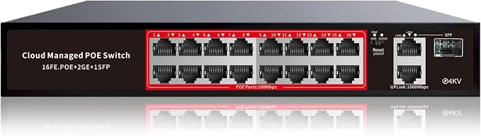 PoE Switch, 16 Port Managed POE+ Ethernet Switch(16 POE+ Ports+2 Gigabit Uplink,1 x 1.25G SFP), 240W Built-in Power, Support VLAN, QoS, Fanless Metal, Plug & Play(Wall Mount/Rack Mount)