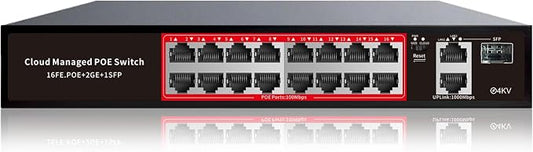 PoE Switch, 16 Port Managed POE+ Ethernet Switch(16 POE+ Ports+2 Gigabit Uplink,1 x 1.25G SFP), 240W Built-in Power, Support VLAN, QoS, Fanless Metal, Plug & Play(Wall Mount/Rack Mount)