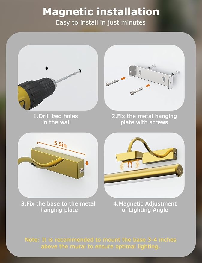 13" Aluminum Wireless Picture Lights for Wall, 5000mAh Rechargeable Battery Operated Wall Art Lighting, Dimmable 3-Color Gallery Painting Light for Pictures On Wall, with Remote/Timer [Gold, 2Pack]