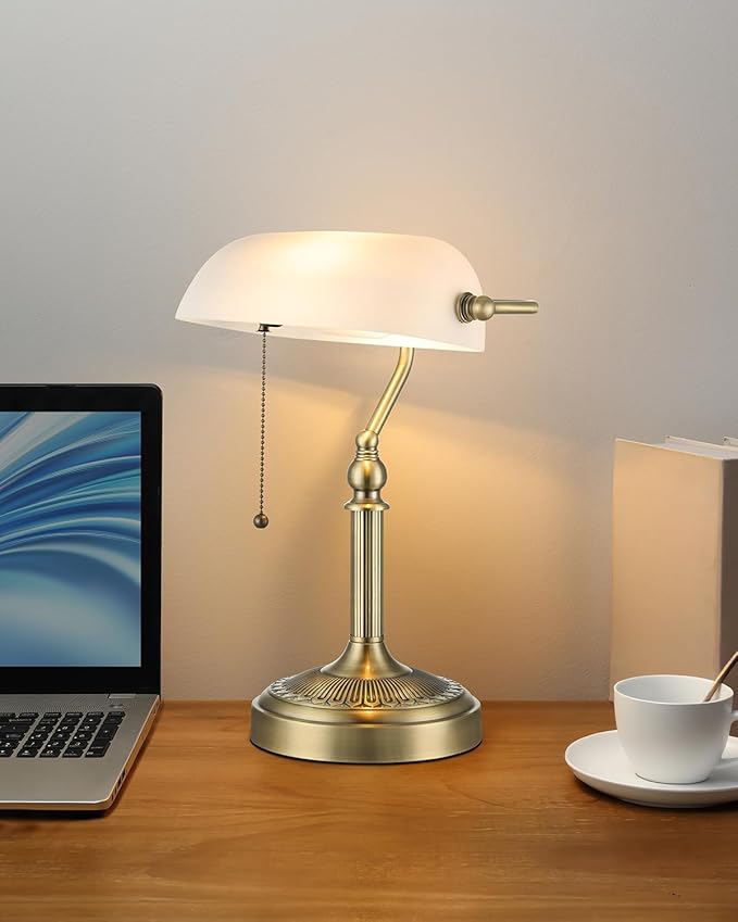 Traditional Glass Bankers Desk Lamp with Pull Chain Switch Plug in Fixture