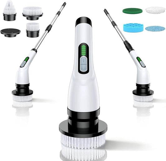 Electric Spin Scrubber for Bathroom: Shower Scrubber with Long Handle | Dual Speed Cordless Power Cleaning Scrub, 7 Brush Heads, IPX7 Waterproof Heavy Duty Cleaner Tools for Tub Tile Grout Wall