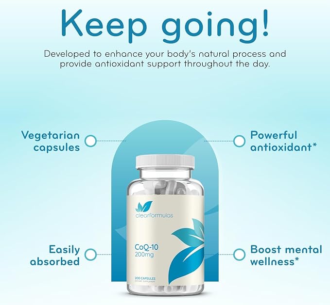 Clear Formulas Quick Absorption CoQ10 200mg - Coenzyme Q10 Potent Antioxidant for Heart Energy and Aging Support - High Stability CoQ10 Ubiquinone Capsules - Made in a cGMP US Lab