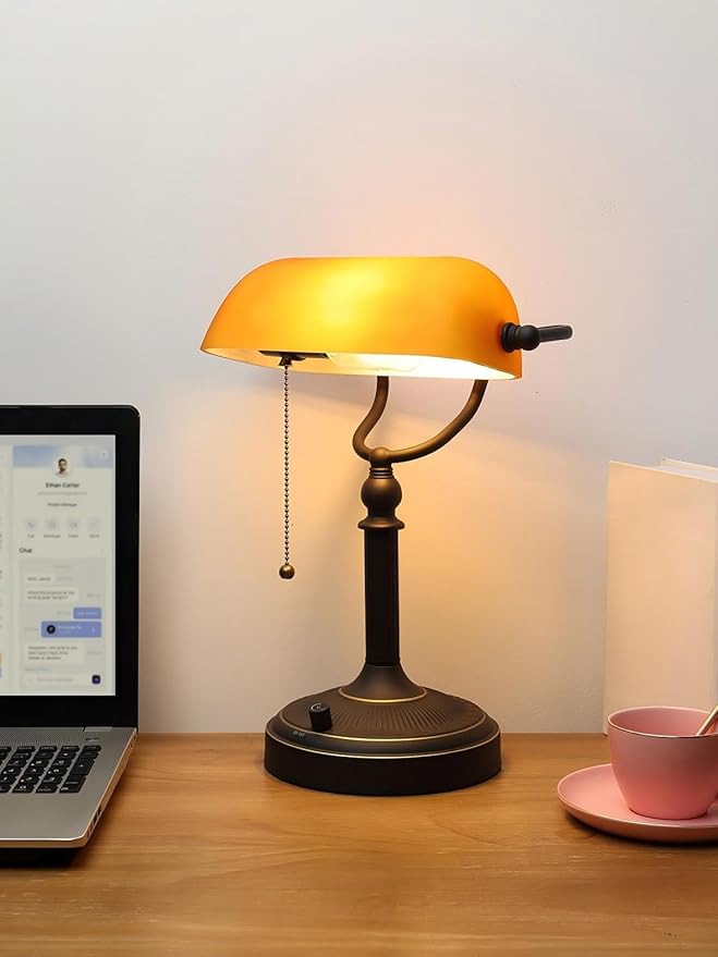 Matted Amber Glass Bankers Desk Lamp, Stepless Dimmable Table Lamp Plug in Fixture for Study, Home Office,Library, LED Bulb Included