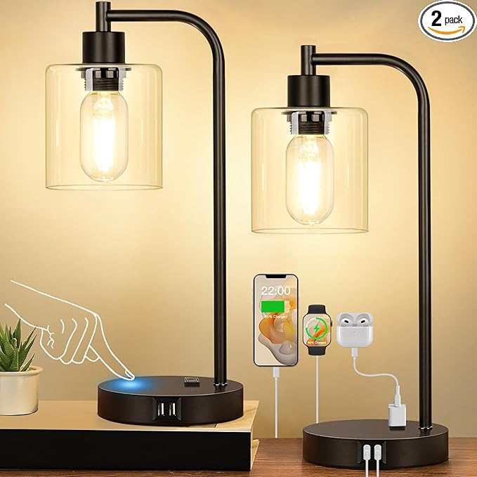 Set of 2 Industrial Touch Control Table Lamps with USB C+A Ports and AC Outlet - 3-Way Dimmable Black Bedside Lamps Nightstand Desk Lamps for Bedroom Living Room, Glass Shade & 2 LED Bulbs Included