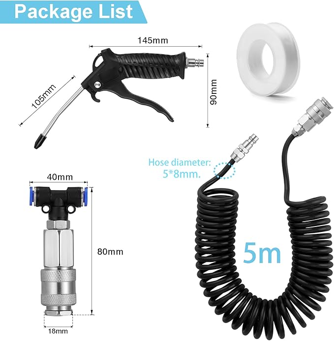 Truck Air Duster Gun with 5 Metre Recoil Air Hose, Air Seat Blow Dust Gun Heavy Duty Air Gun Cleaning Kit for Truck Semi Trailers