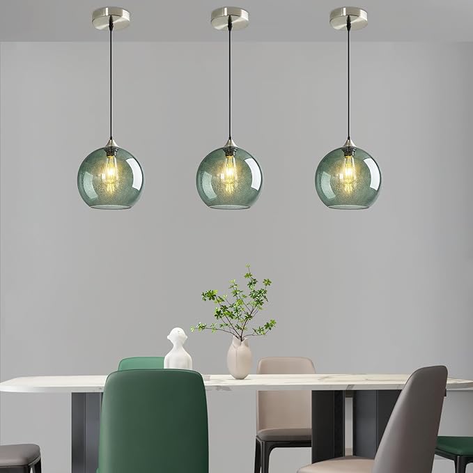 Modern 3-Pack Glass Globe Pendant Lights, Gray Green Modern Pendant Lighting for Kitchen Island, Glass Hanging Lamps for Dining Room Living Room Bedroom, Medium 7.87 Inch Fixture (Bulbs Not Included)