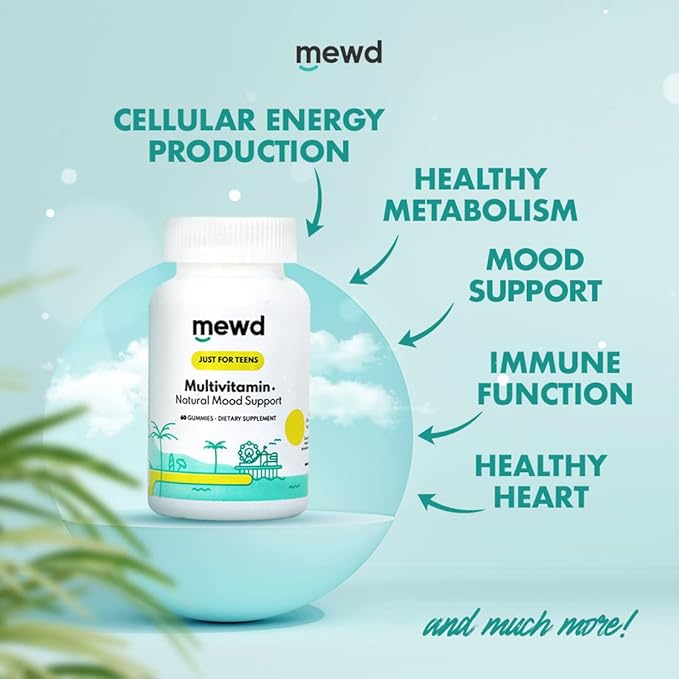 MEWD ティーン/キッズ用デイリーマルチビタミン グミ 天然気分安定剤配合、ビーガン、免疫力向上、鉄・亜鉛サプリメント、グルテンフリー、脳の健康のための集中力アップビタミン – アメリカ製