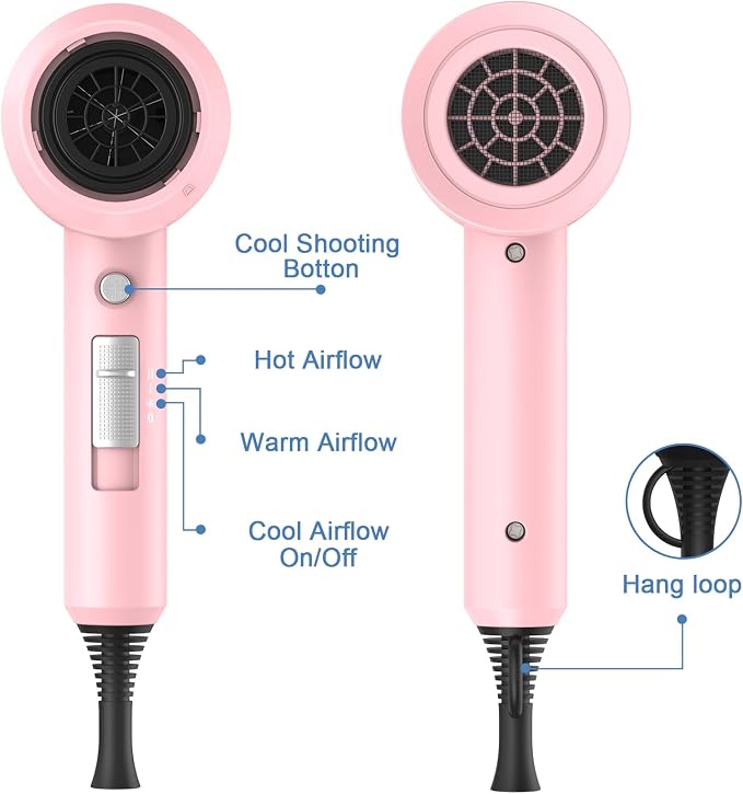 slopehill Professional Ionic Hair Dryer, Powerful 1800W Fast Drying Low Noise Blow Dryer with 2 Concentrator Nozzle 1 Diffuser Attachments for Home Salon Travel (Pink)