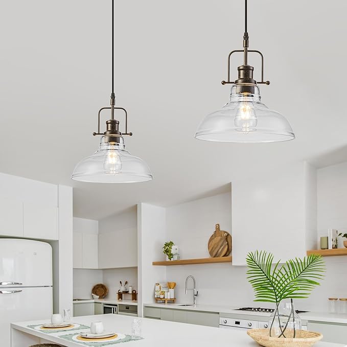 WILON Pendant Lights Kitchen Island Lighting, 11" Rust-Coloured Farmhouse Hanging Light Fixture, Kitchen Pendant Lighting Over Island Clear Glass Shade for Dining Hallway Entryway Bar