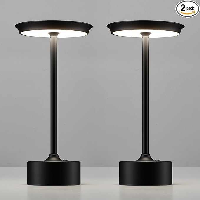 PUSU Rechargeable Table Lamps Set of 2, Black Cordless LED 4000mAh Battery Desk Lamp, Stepless Dimming & 3 Color 2700K-6000K, Portable Lamp for Bedroom, Living Room, Restaurant, Outdoor, Night Light
