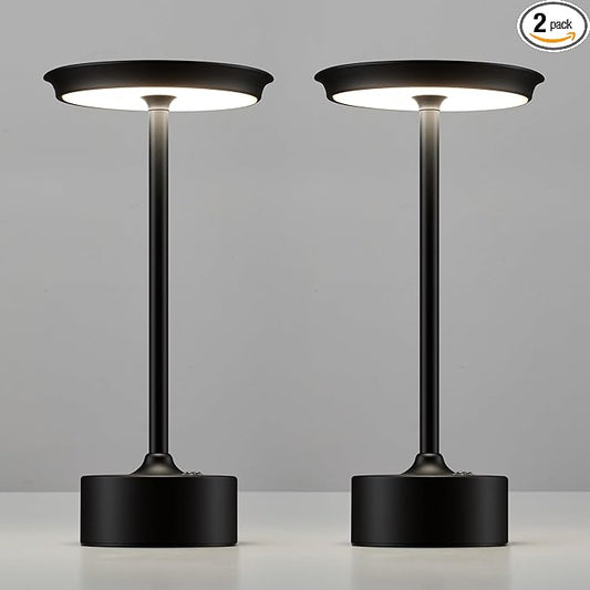 PUSU Rechargeable Table Lamps Set of 2, Black Cordless LED 4000mAh Battery Desk Lamp, Stepless Dimming & 3 Color 2700K-6000K, Portable Lamp for Bedroom, Living Room, Restaurant, Outdoor, Night Light