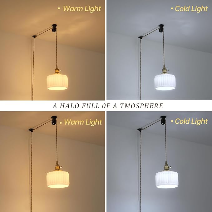 Shenmoyl Plug in Pendant Light Hanging Light Fixture Corded On/Off Switch Brass Pendant Light with White Striped Glass Lampshade for Bedroom Living Room Kitchen Island