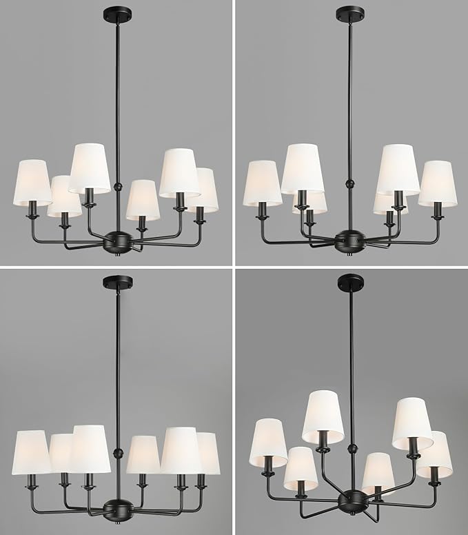 6-Light Black Pendant Chandelier with Fabric Shades, E12 Base - Farmhouse & Industrial Style for Kitchen, Living Room, Dining Room, or Bedroom Lighting