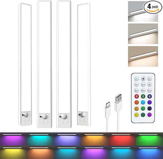 long-stars Motion Sensor Under Cabinet Lighting, 1500mAh Rechargeable RGB Light Bar with Remote, 15 Colors Dimmable LED Night Light, Timer & Wireless for Kitchen Counter, 4 Pack