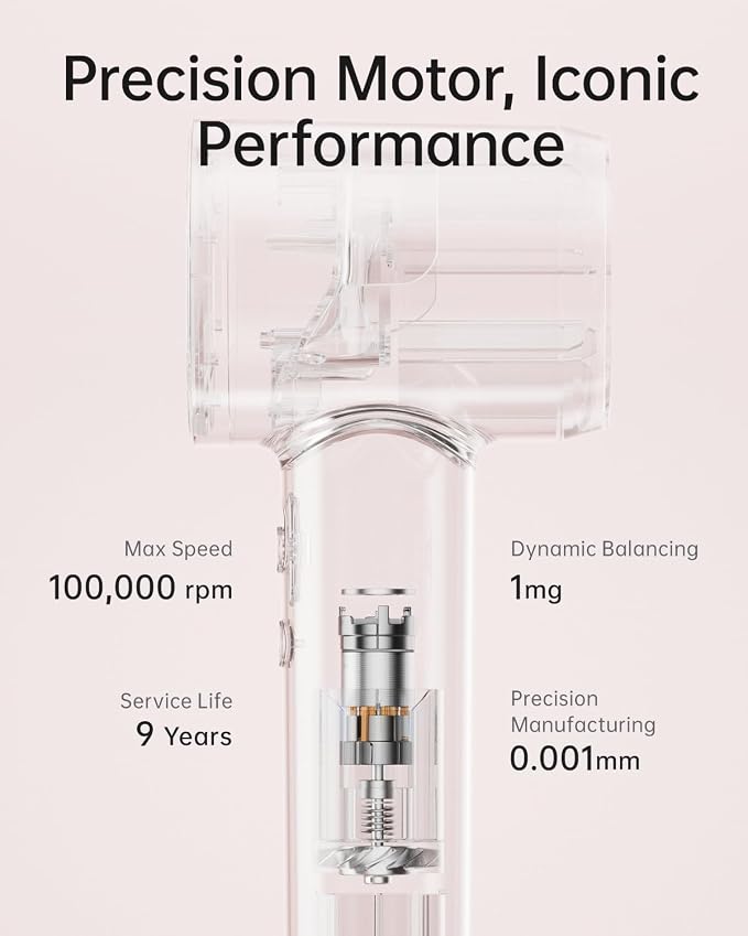 Laifen SE Lite Hair Dryer, Negative Ionic Blow Dryer with 100,000 RPM Brushless Motor for Fast Drying, High-Speed Low Noise Hair Dryer with Lightweight Design and 2 Nozzles, HD110, Pink