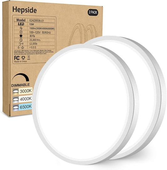 hepside 2Pack Dimmable Flush Mount Ceiling Light Fixture White, 3000/4000/6500K Ceiling Lamp, 7.5INCH 15W 1500LM Low Profile Light for Bedroom, Kitchen, Bathroom, Hallway