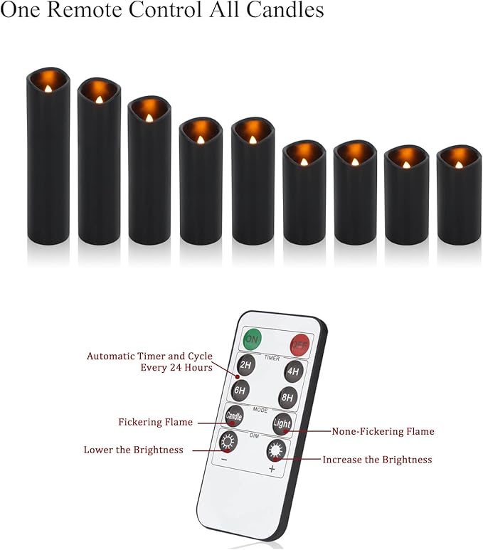 antizer Flameless Candles Led Candles Pack of 9 (H 4" 5" 6" 7" 8" 9" x D 2.2") Black Real Wax Battery Candles with Remote Timer