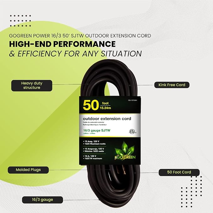 Power By GoGreen Go Green Power Inc. 16/3 50ft Black Outdoor Extension Cord - Durable, Heavy Duty, Moisture Resistant - Ideal for Tools & Equipment - GG-13750BK