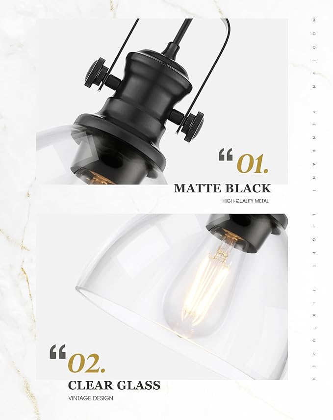 2-Pack Pendant Lights Kitchen Island, 7.5" Farmhouse Black Pendant Lighting with Clear Glass Shade, Vintage Hanging Light Fixtures for Dining Room Entryway, Adjustable Cord, AD-22151-1P2-BK-C